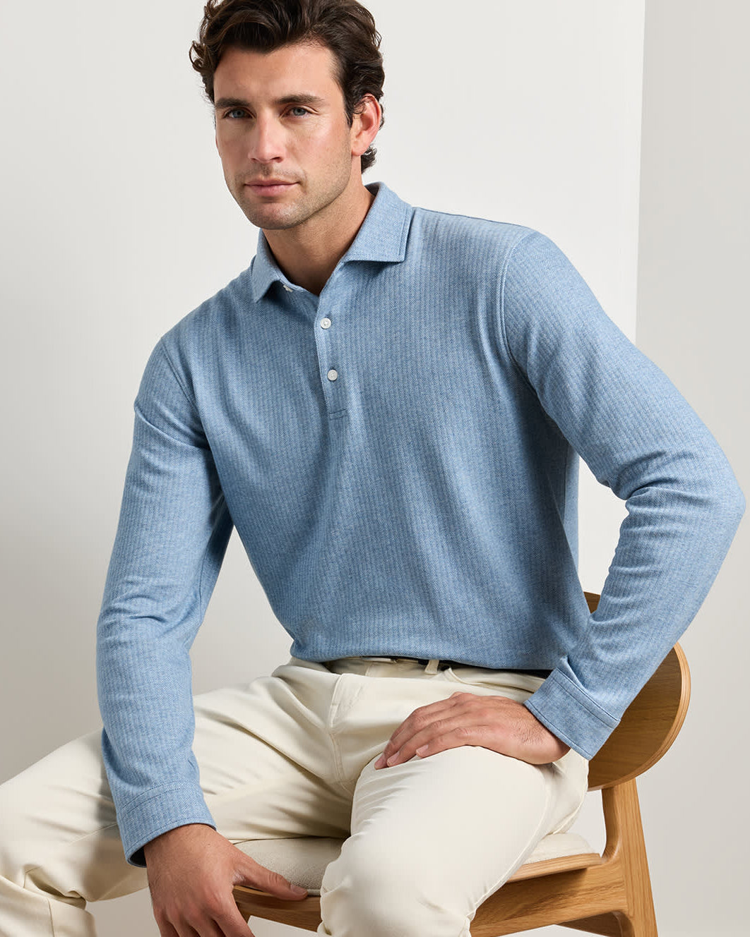 Peter Millar - Herringbone Long Sleeve Polo Cottage Blue