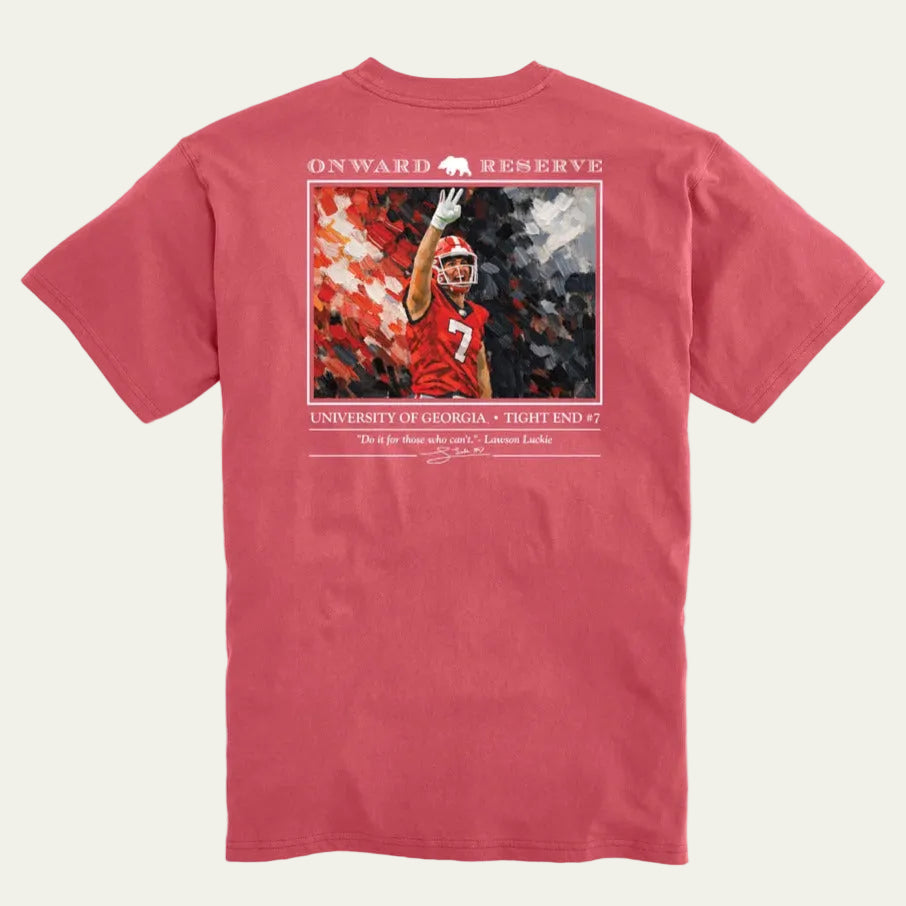 A red short-sleeve t-shirt shown from the back, featuring a large graphic print on the center back with a football player in a red uniform and the text 'ONWARD RESERVE' and 'UNIVERSITY OF GEORGIA - TIGHT END #7'.